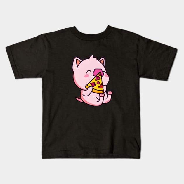 Cute, Funny Pink Pig Eating Pepperoni Pizza, Piggly Wiggly Kids T-Shirt by 1FunLife